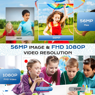 Digitalkamera Kinder Kompaktkamera kinderkamera, 1080P FHD 56MP Fotoapparat Digitalkamera Vintage Mini Fotos für Kinder Teenager Studenten Anfänger, 2 * Batterien, 32 GB (Silber)