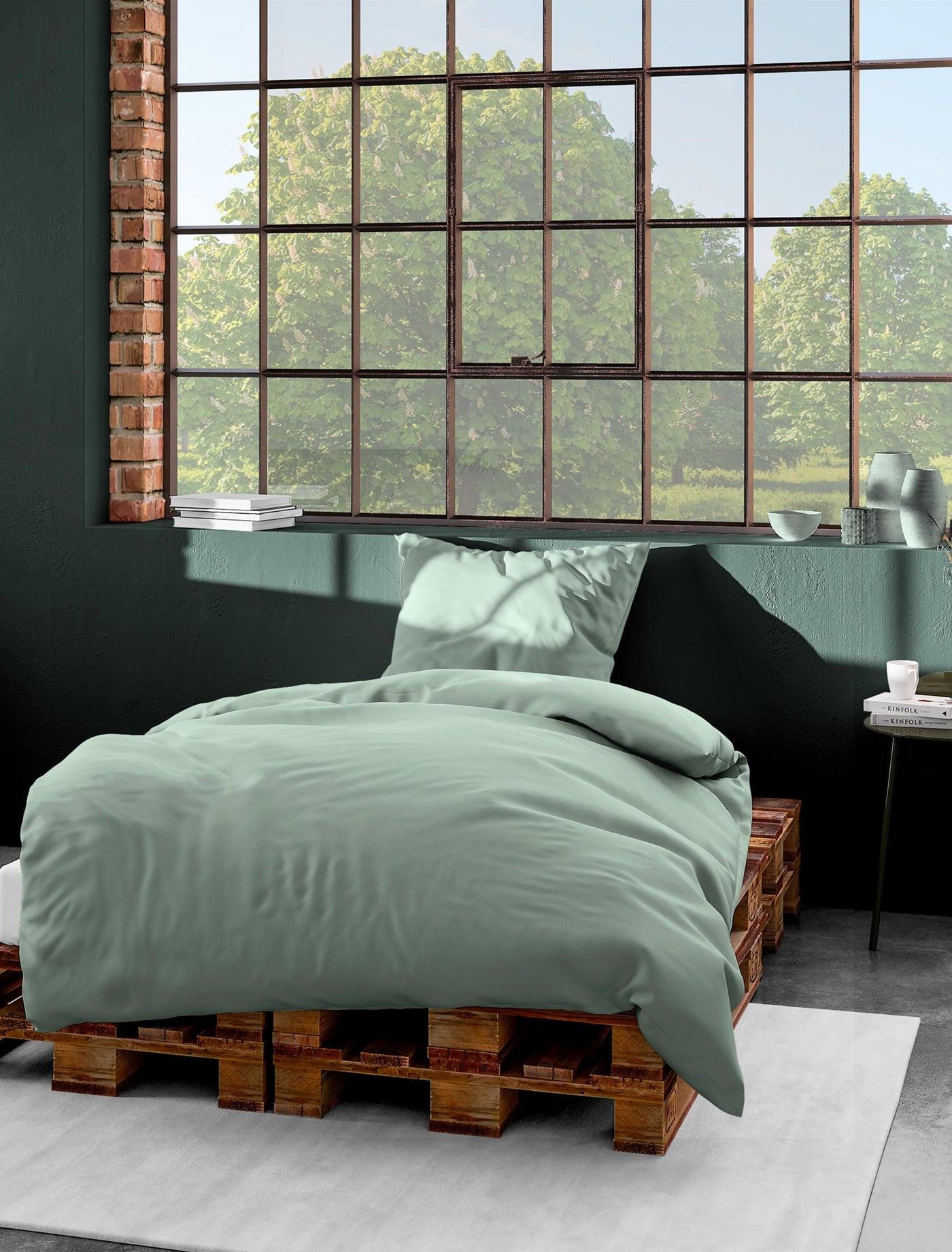 liebling Satin Bettwäsche grün, 1 x Bettbezug 135 x 200 cm + 1 x Kissenbezug 80 x 80 aus 100% seidig weicher Baumwolle, 60 Grad, Ökotex Made in Green