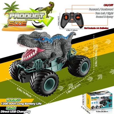 HappyGoLucky Monstertruck Ferngesteuertes Auto ab 3 4 5 6 7 8 Jahre, Dinosaurier Spielzeug ab 3-10 Jahre Junge, RC Auto mit Sprühnebel, Musik, LED-Leuchten, Ostergeschenke Kinder Outdoor Spielzeug