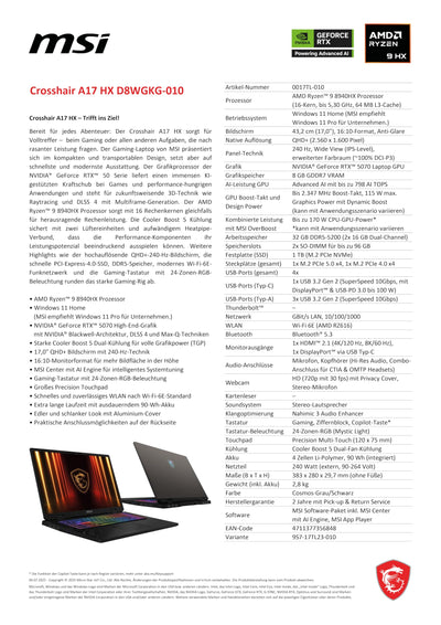 MSI Crosshair A17 HX, Gaming-Laptop, 17" QHD+ 240 Hz Display, AMD Ryzen™ 9 8940HX, NVIDIA GeForce RTX 5070, 32 GB RAM, 1 TB SSD, Windows 11 Home, QWERTZ Tastatur, Cosmos Grau, D8WGKG-010