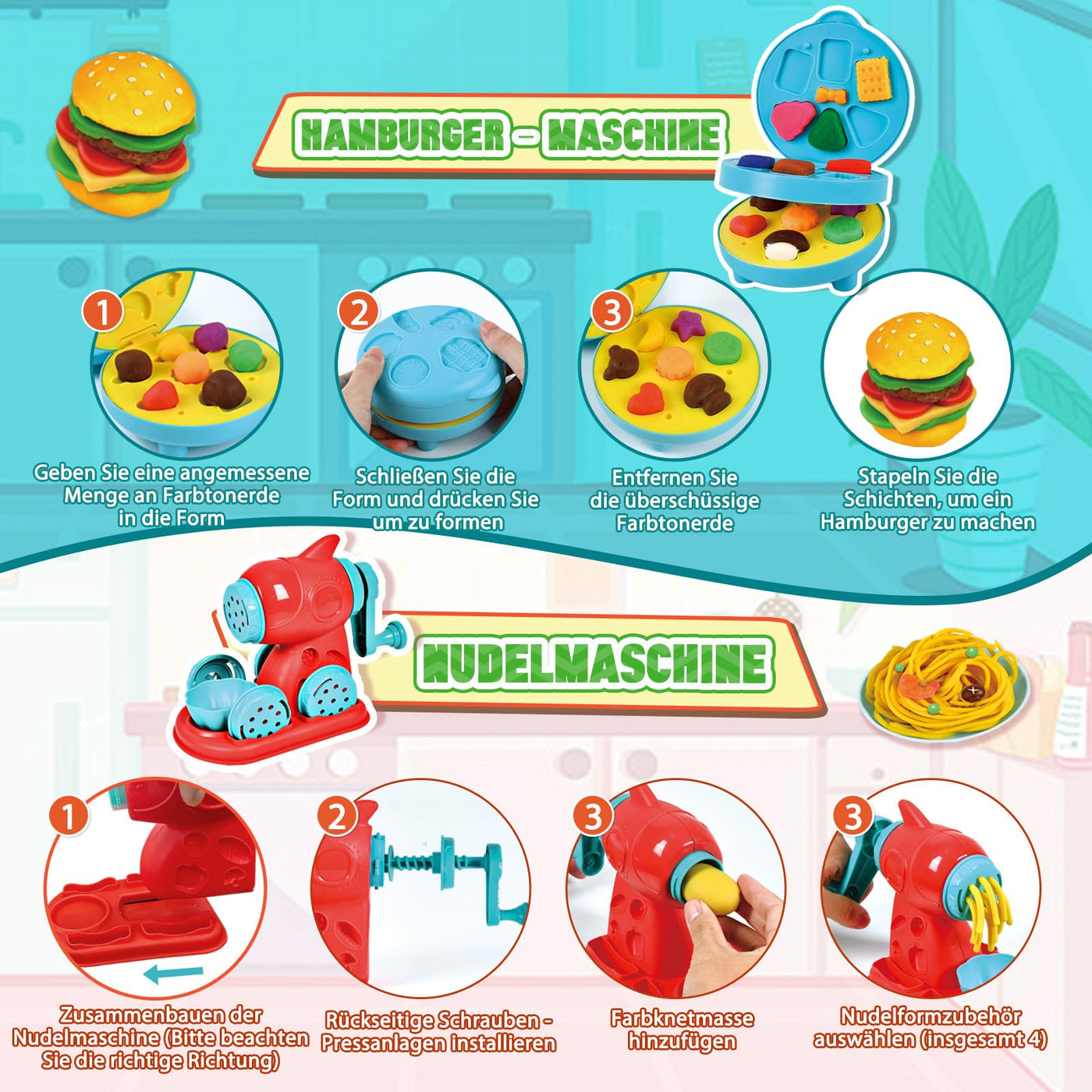 JONRRYIN Knete Set für Kinder, 102 Stück Knete Zubehör Knetwerkzeug mit 36 Modelliermasse, Kreatives Playdoh Knete Kinder Eismaschine Nudelmaschine Spielset Geschenk Mädchen & Junge