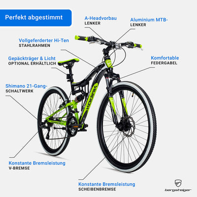 Bergsteiger Kodiak 26 Zoll, 29 Zoll Mountainbike, Scheibenbremse, Shimano 21 Gang-Schaltung, Vollfederung, Fully MTB für Jungen, Mädchen, Damen & Herren