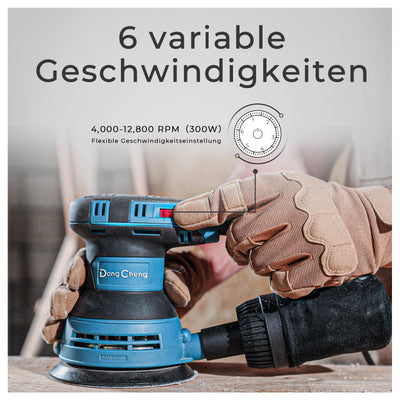 DongCheng Exzenterschleifer 300W, 125mm Schleifmaschine, 6 Geschwindigkeiten, 4,000-12,000 U/min mit Staubfangbehälter und 10 Schleifpapier, ideal für Holzbearbeitungsprojekte und Heimwerkerarbeiten