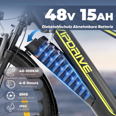 Vipdrive E Bike 28 Zoll, E-Bike Damen Herren, Electric Bike mit 48V 15Ah Batterie, 3 PAS & Tempomat Modus, 7-Gang mit LCD-Display, 250W Motor & 85NM, up to 100km(Navigator 1.1 Black)
