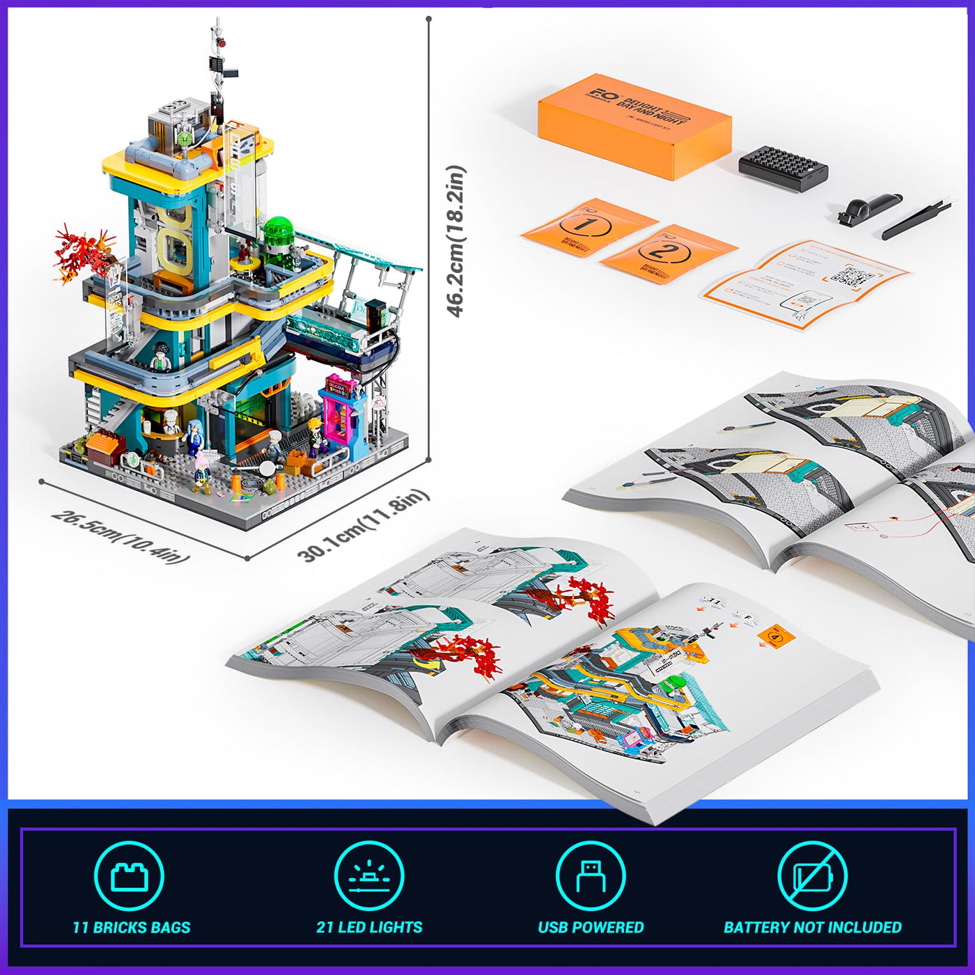 FUNWHOLE Cyberpunk-Villa Beleuchtetes Baustein-Set – 2524 Teile Zukunftsstadt-Modulgebäude Bausatz, Ideales Ausstellungsstück für Erwachsene und Sci-Fi-Fans