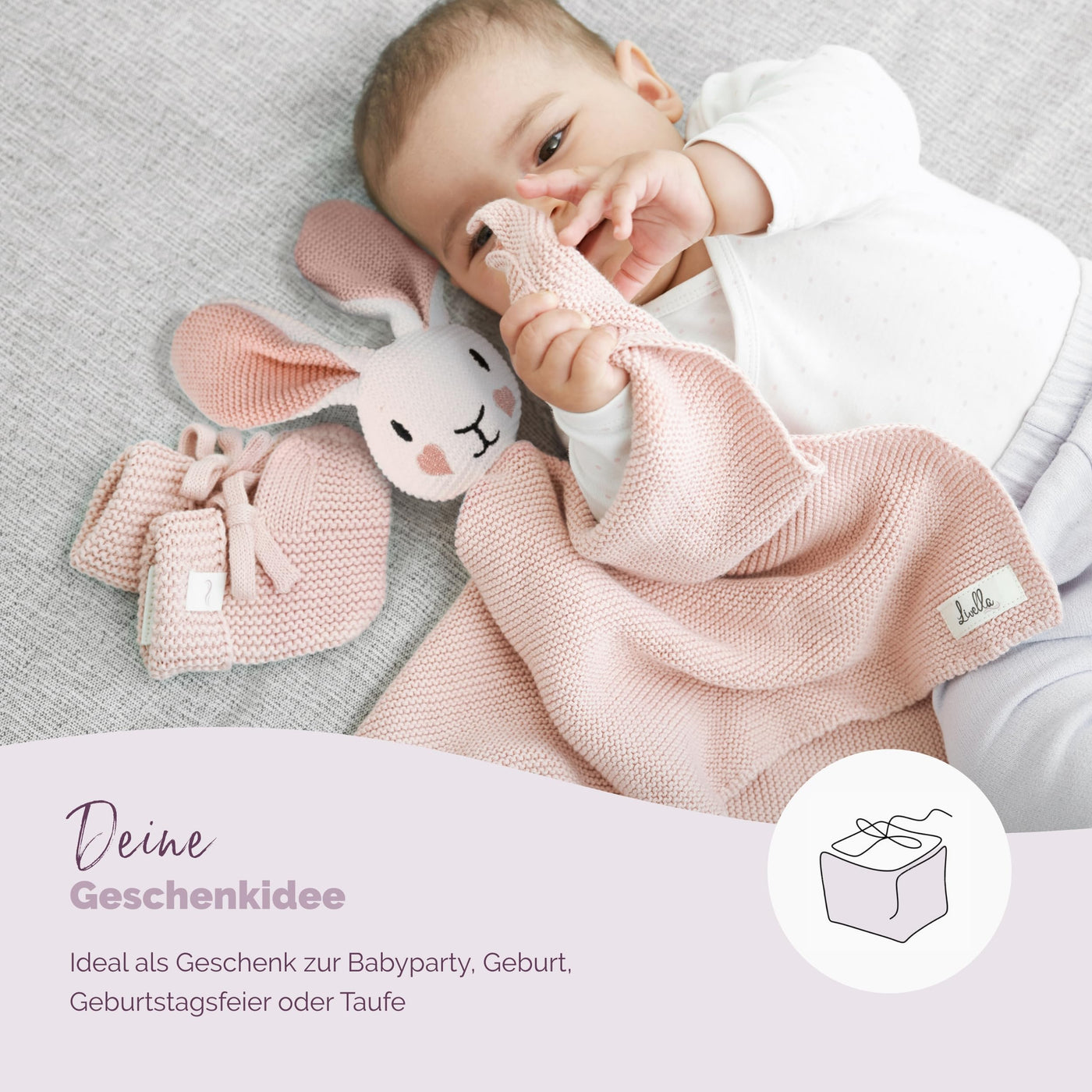 Livella Kuscheltuch „Hase“ mit Söckchen - Reine Bio-Baumwolle – Premium Schmusetuch, Kuscheldecke, Schmusedecke, Strickdecke - Samtweich & atmungsaktiv - Oeko-TEX® Standard 100 und GOTS Zertifiziert