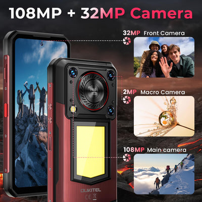 OUKITEL WP56 Outdoor Handy 5G - 36(12 + 24) GB RAM + 512GB/2TB ROM, 16000mAh, 108MP, 128DB Lautsprecher, Baustellen Handy Ohne Vertrag mit 1000 Lumen Campinglicht, 6.8" FHD+ 90Hz, NFC - Rot