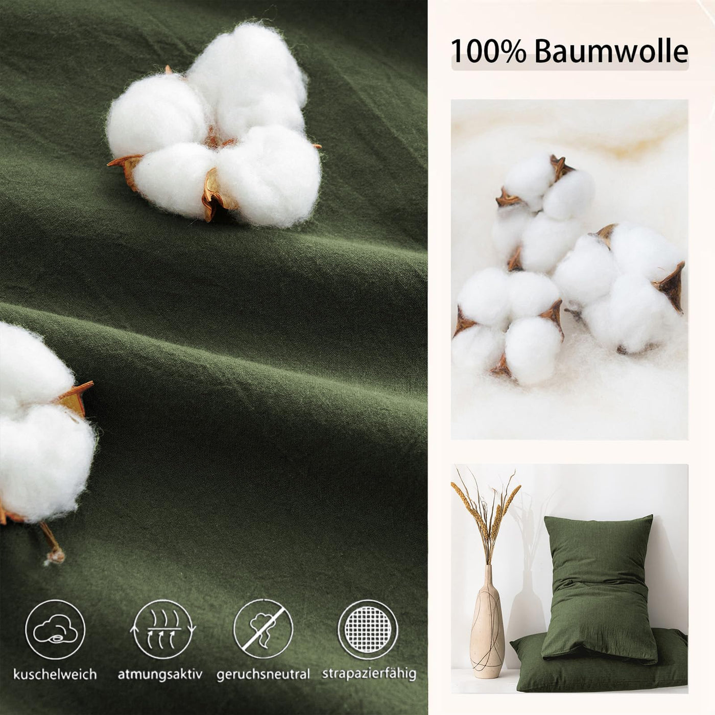 Tospass Bettwäsche 220x240cm Baumwolle Renforce Bettwaren-Sets Olivgrün Unifarben Deckenbezug Uni Bettbezug