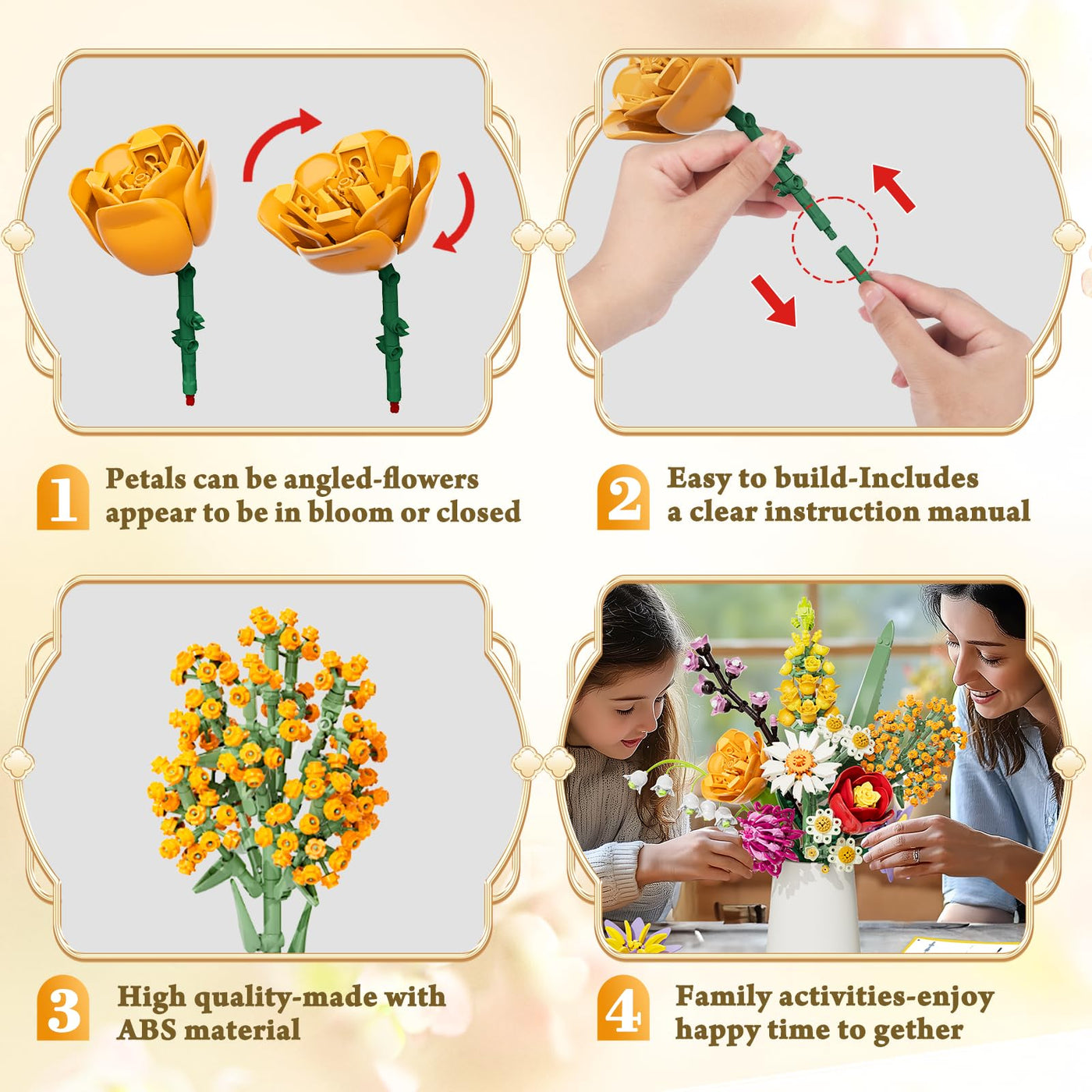 Blumenstrauß Bausatz, 1070 Stück Blumen Bauspielzeugset 10 Künstliche Blumen für Flowers, Botanical Kollektion Bauklötze, Geschenke zum Muttertag, Geburtstag, Muttertag, Vase Nicht Enthalten