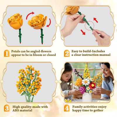 Blumenstrauß Bausatz, 1070 Stück Blumen Bauspielzeugset 10 Künstliche Blumen für Flowers, Botanical Kollektion Bauklötze, Geschenke zum Muttertag, Geburtstag, Muttertag, Vase Nicht Enthalten