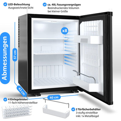 KESSER® Minikühlschrank mit Schloss, Minibar 40 Liter Nutzinhalt, Leise 22db, Abschließbar, Schlafzimmer, Wechselbarer Türanschlag, ca. 4°-16°C Höhe 57cm, Innenbeleuchtung Tisch-Kühlschrank Schwarz