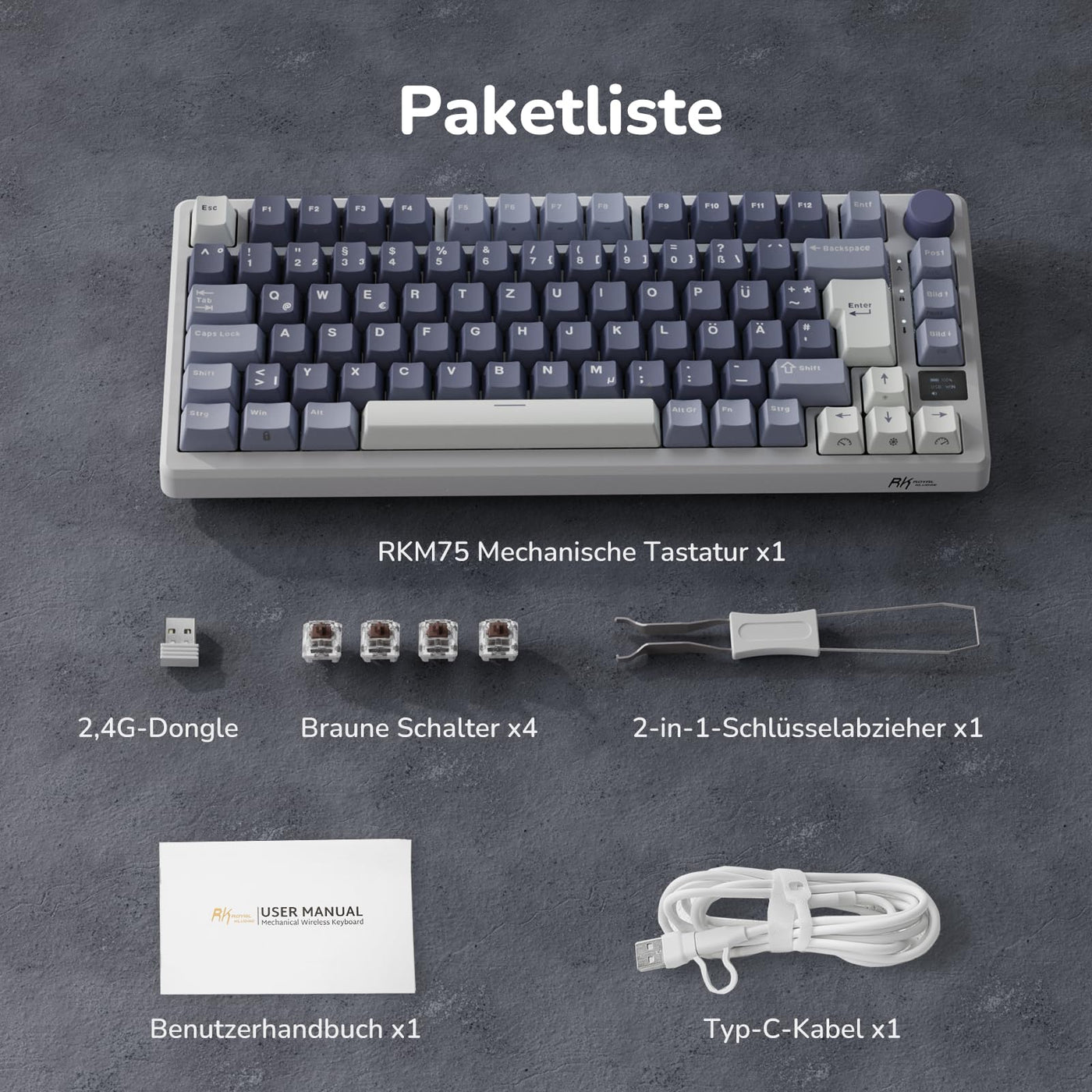 RK ROYAL KLUDGE M75 Gaming Tastatur kabellos 75% TKL Mechanische Tastatur RGB 2,4 GHz Wireless/Bluetooth/USB-C QWERTZ mit OLED-Smart-Display und Knopf Hot Swappable Braune Schalter, Lavendelviolett