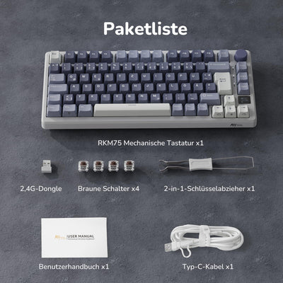 RK ROYAL KLUDGE M75 Gaming Tastatur kabellos 75% TKL Mechanische Tastatur RGB 2,4 GHz Wireless/Bluetooth/USB-C QWERTZ mit OLED-Smart-Display und Knopf Hot Swappable Braune Schalter, Lavendelviolett