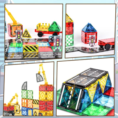 BuzzoXerex Magnetische Bausteine Stadtstraßen Set, 70 Magnetische Fliesen Straßenset, Magnetbausteine Set mit Ausfahrbarem Magnetkran, Magnet Spielzeug für Kinder ab 3 4 5 6 Jahre
