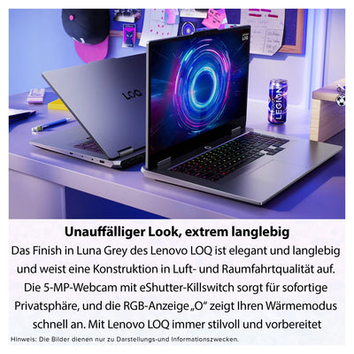 Lenovo LOQ Gaming AI Laptop, Intel Core i7-14700HX, 32 GB DDR5 RAM, 2 TB PCIe SSD, 17.3" Full HD Display, Nvidia GeForce RTX 5070, 24-Zone RGB Backlit QWERTZ Tastatur, Windows 11 Home, Luna Grey