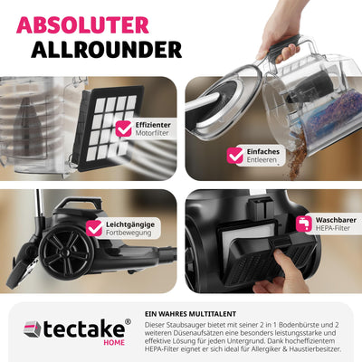tectake® Staubsauger beutellos, VC900, 900 W, stark, beutelloser Bodenstaubsauger mit Kabel, für Tierhaare, Easy clean ohne Beutel für Teppichboden und Hartboden