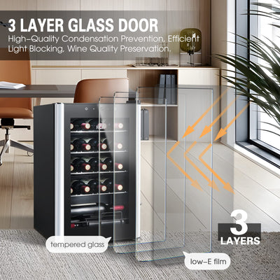HCK 70L Weinkühlschrank für 24 Flaschen, 4-22°C Weinkühlschränke Flaschenkühlschrank, Getränkekühlschrank mit Glastür, Geräuscharmer Weinschrank, Frostfreie Glastür, Vollglas-Touchpanel, Schwarz