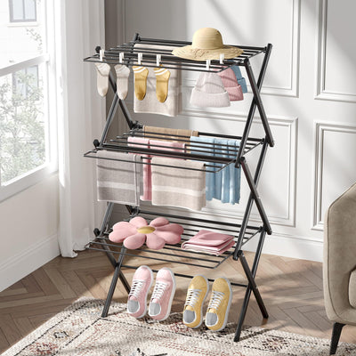 SYKIARIOL Klappbarer Wäscheständer - Mehrstöckiger, Faltbarer Wäschehänger aus Stahl für Großzügiges und Bequemes Trocknungserlebnis in Schwarz