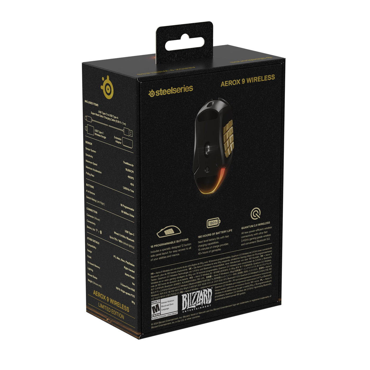 SteelSeries Aerox 9 Wireless - World of Warcraft Edition - kostenloses In-Game-Item - MMO-Gaming-Maus - 18 programmierbare Tasten - leichtes Gewicht -Bluetooth/2,4 GHz -18 Tsd. DPI TrueMove Air Sensor