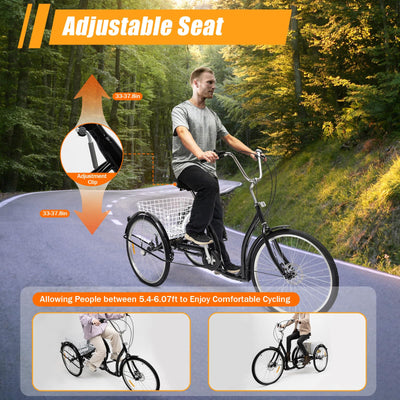 VonVVer 26 Zoll Dreirad für Erwachsene - 6 Gang Dreiräder Erwachsene mit Korb 110KG Last Höhenverstellbar 3 Räder Fahrrad Cityräder Cruise Einkaufsrad für Senioren Frauen Ältere (Schwarz)