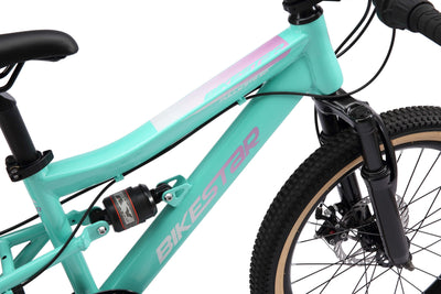 BIKESTAR Kinder Fahrrad Fully Mountainbike 7 Gang Shimano, Scheibenbremse ab 6 Jahre | 20 Zoll Kinderrad MTB | Mint