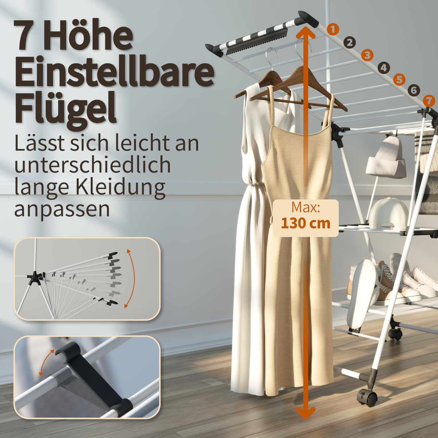 SYKIARIOL Wäscheständer mit hoch hängenden Kleiderbügeln, 2 Etagen Zusammenklappbarer Flügelwäschetrockner für platzsparende Aufbewahrung, Wäscheständer klappbar mit höhenverstellbaren Gullwings