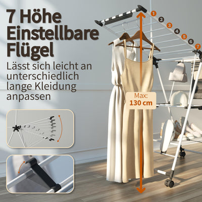 SYKIARIOL Wäscheständer mit hoch hängenden Kleiderbügeln, 2 Etagen Zusammenklappbarer Flügelwäschetrockner für platzsparende Aufbewahrung, Wäscheständer klappbar mit höhenverstellbaren Gullwings