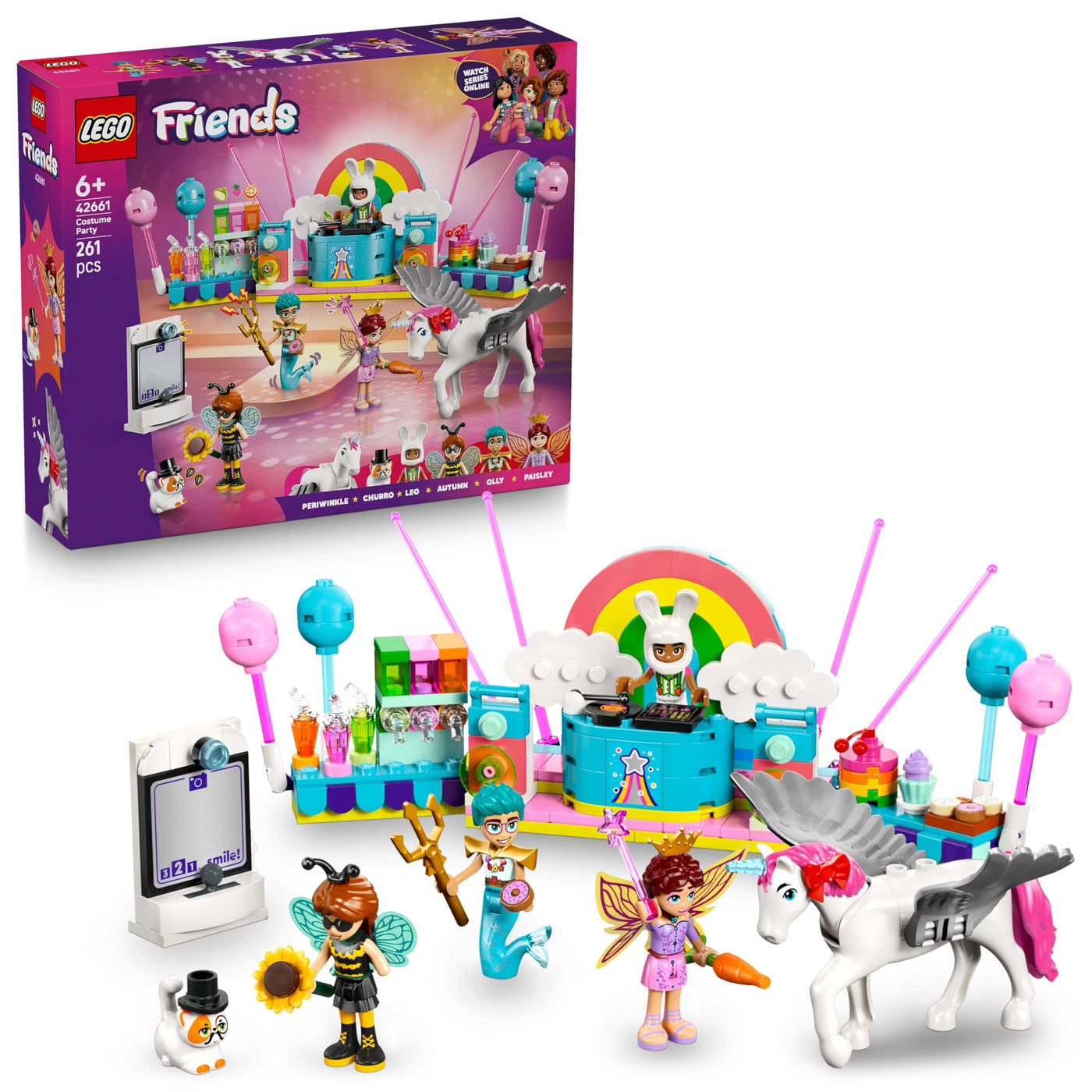 LEGO Friends Kostümparty mit Einhorn und Fee - Spielzeug für Mädchen ab 6 Jahren, inkl. Bühne, DJ-Pult, 4 Mini-Puppen, Kater Churro & Pferd als Tierfigur, Plus Zubehör - Geschenkidee - 42661