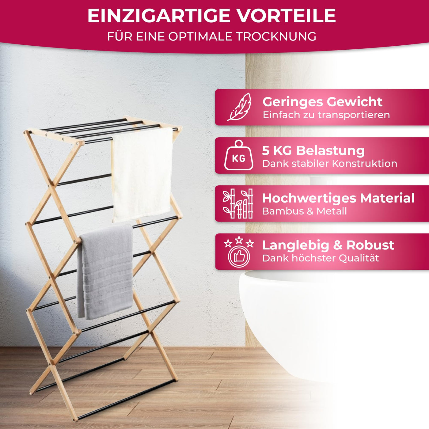 Suleno® Bambus Wäscheständer Bali, 57x113cm Klappbar & Ausziehbar, Platzsparend, 11 Metallstangen, 6 Ebenen, Leicht, Ideal für kleine Wohnungen, Enge Räume & Balkon, Innen/Außen, Umweltfreundlich