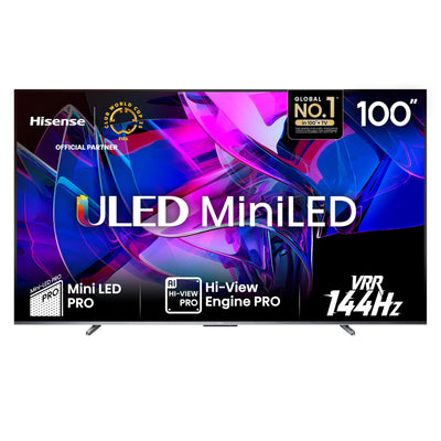 Hisense 100U7KQ (100 Zoll) Fernseher 4K Mini LED ULED HDR Smart TV, Quantum Dot, 144Hz, HDMI 2.1, Game Mode Pro, Dolby Vision IQ & Atmos, Bluetooth, Alexa Built-in, Anthrazit