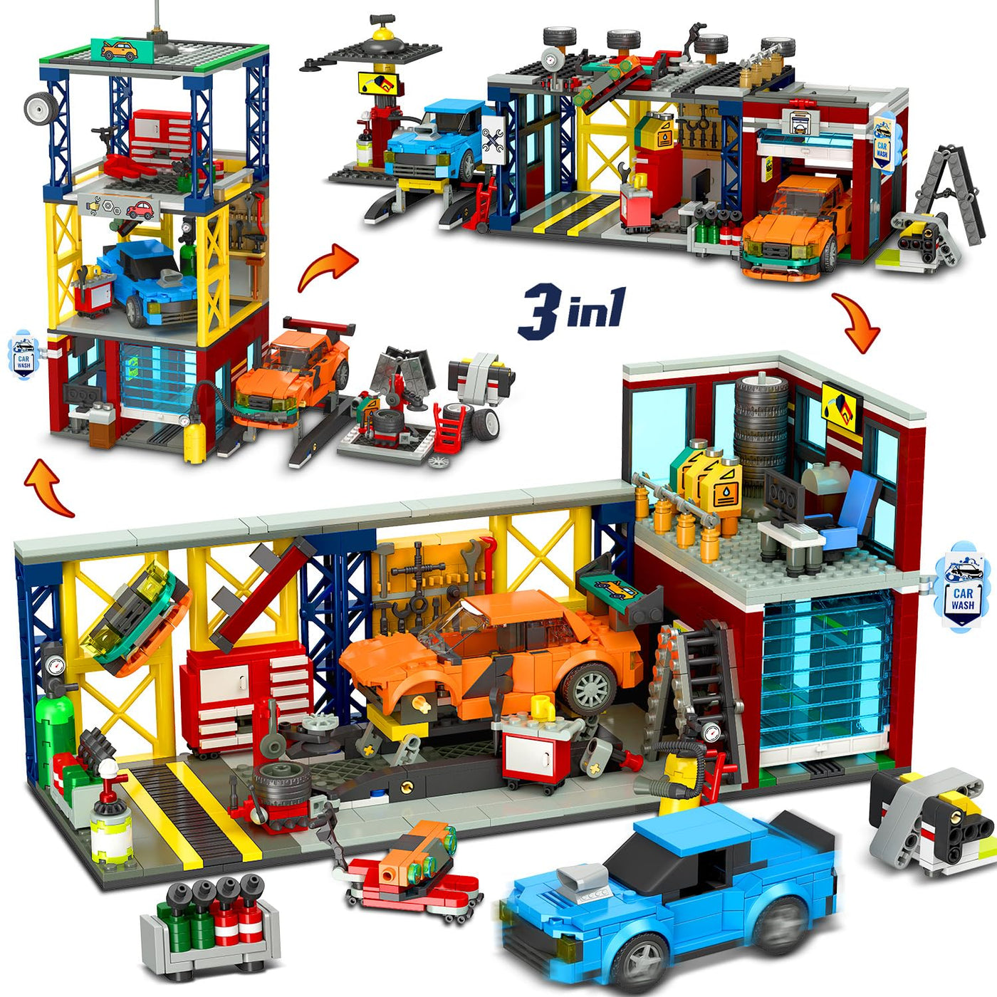HOGOKIDS 3 IN 1 City Auto Garage Bausteine, 1022 Teiles Technik Autowerkstatt, Waschanlage, Werkstatt mit 2 Autos Bausatz Mechanic Reparatur Baustelle Spielzeug Geschenk für 10+ Jungen Kinder Mädchen