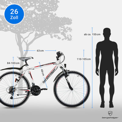Bergsteiger Denver 26 Zoll Mountainbike, geeignet ab 155 cm, 18 Gang-Schaltung, Licht, Schutzblech, Gabel-Federung