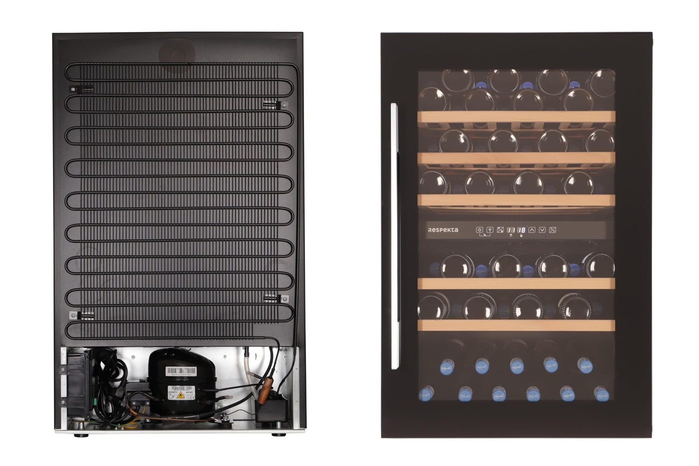 Respekta Einbau-Weinkühlschrank für 57 Standardflaschen / 143 L Nutzinhalt / 2 Temperaturzonen, je 5°-22°C/Touch Control/LED Leuchte/Wechselbarer Türanschlag/Max. 38 dB/WKSE 57-19