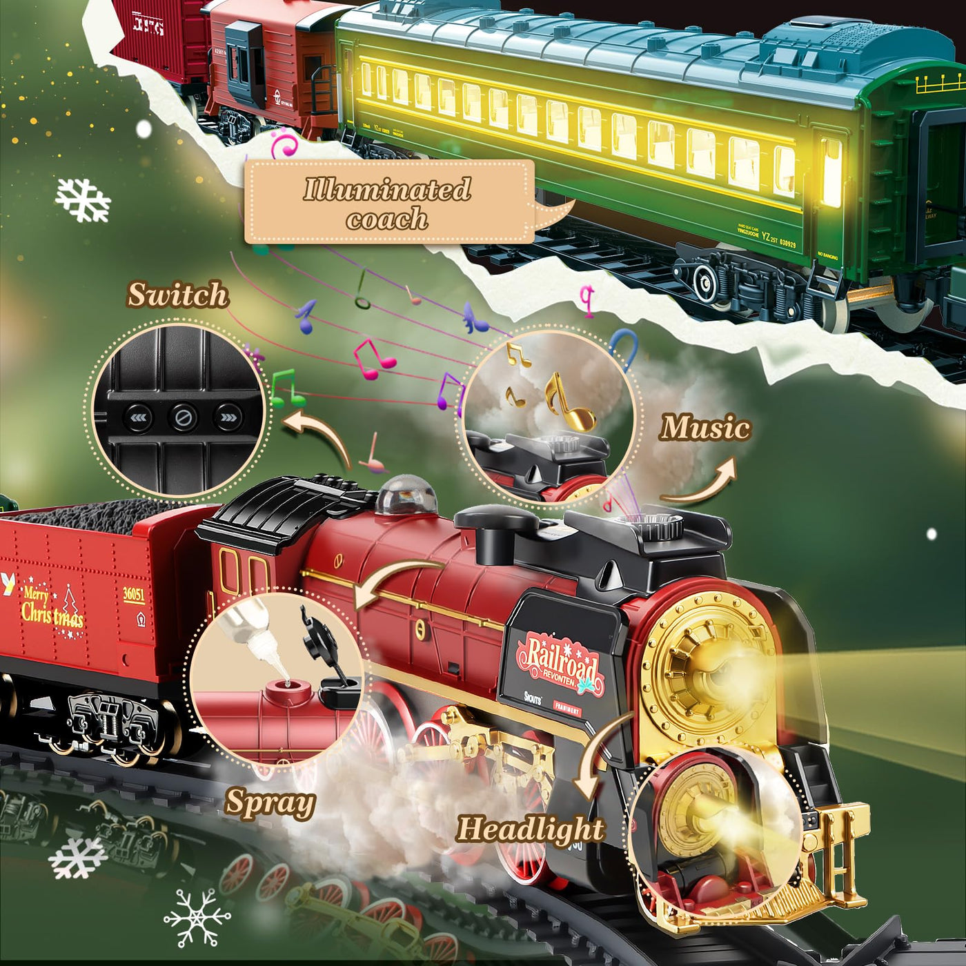 JONRRYIN Elektrische Zug Spielzeug, Eisenbahn Weihnachtsbaum Elektrisch, Weihnachtszug mit Schienen, Dampf, Licht & Sound, Dampfzug den Tannenbaum Geschenk für Kinder