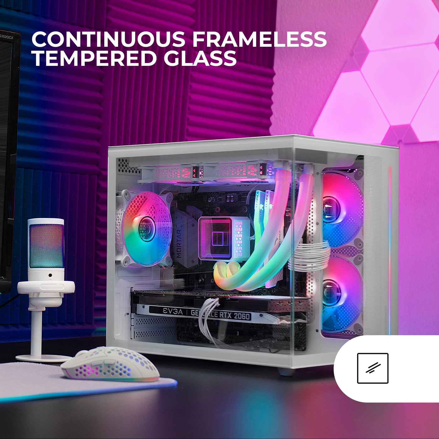 Mars Gaming MC-View Weiß, Micro-ATX Mini Gaming Tower Gehäuse, 90° Gehärtetes Glas ohne Rahmen, Modulares Doppelkammer-Design, Volle Unterstützung für Flüssigkeitskühlung