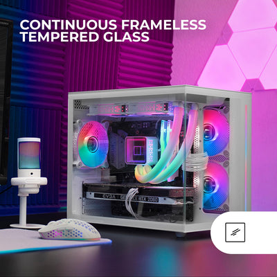 Mars Gaming MC-View Weiß, Micro-ATX Mini Gaming Tower Gehäuse, 90° Gehärtetes Glas ohne Rahmen, Modulares Doppelkammer-Design, Volle Unterstützung für Flüssigkeitskühlung