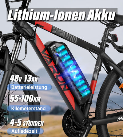 VARUN E Bike Herren Damen 27,5 Zoll E-Mountainbike mit 250W Motor 48V 13Ah Li-Ion Akku, Elektrofahrrad mit 21-Gang-Getriebe, LCD-Display, Federgabel MTB, Laufleistung 50-100KM