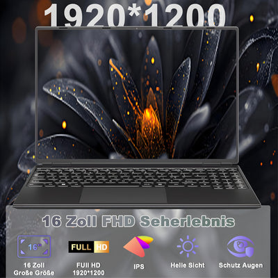 2025 Gaming Laptop 16 Zoll Win11 12+512GB SSD Unterstützung 2TB(HDD-2TB) 1920x1200 Notebook 4-Core Celeron N5095 (bis 2.9GHz) Laptop mit Nummerntastatur WiFi Mini HDMI Deutscher Tastaturschutz-Schwarz