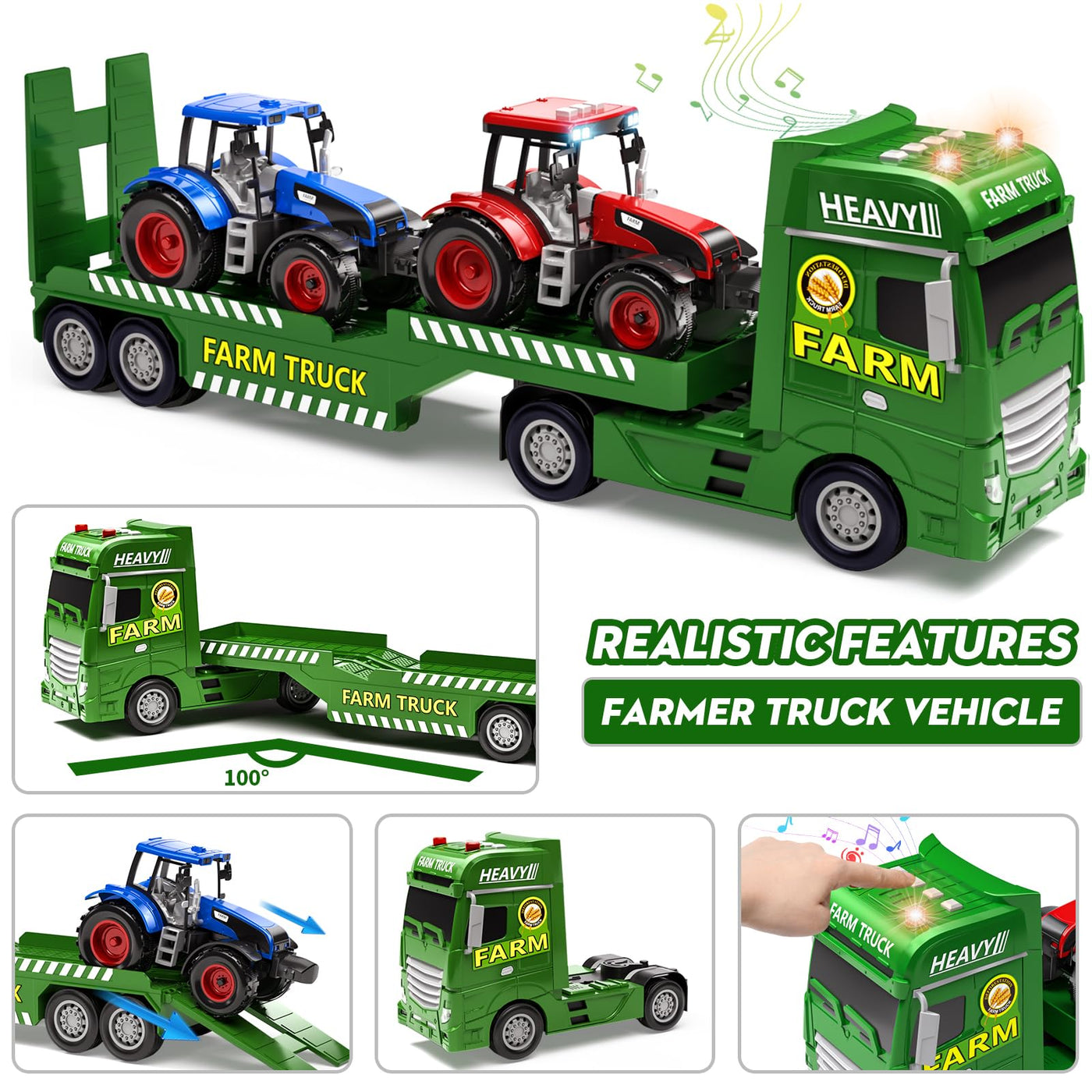 Tacobear Traktor Spielzeug mit Anhänger, Großer Bauernhof Traktor mit Licht und Sound Auto Transporter LKW Spielzeug Trecker Fahrzeuge Kinder Spielzeug ab 3 4 5 6 Jahre Junge Geschenk