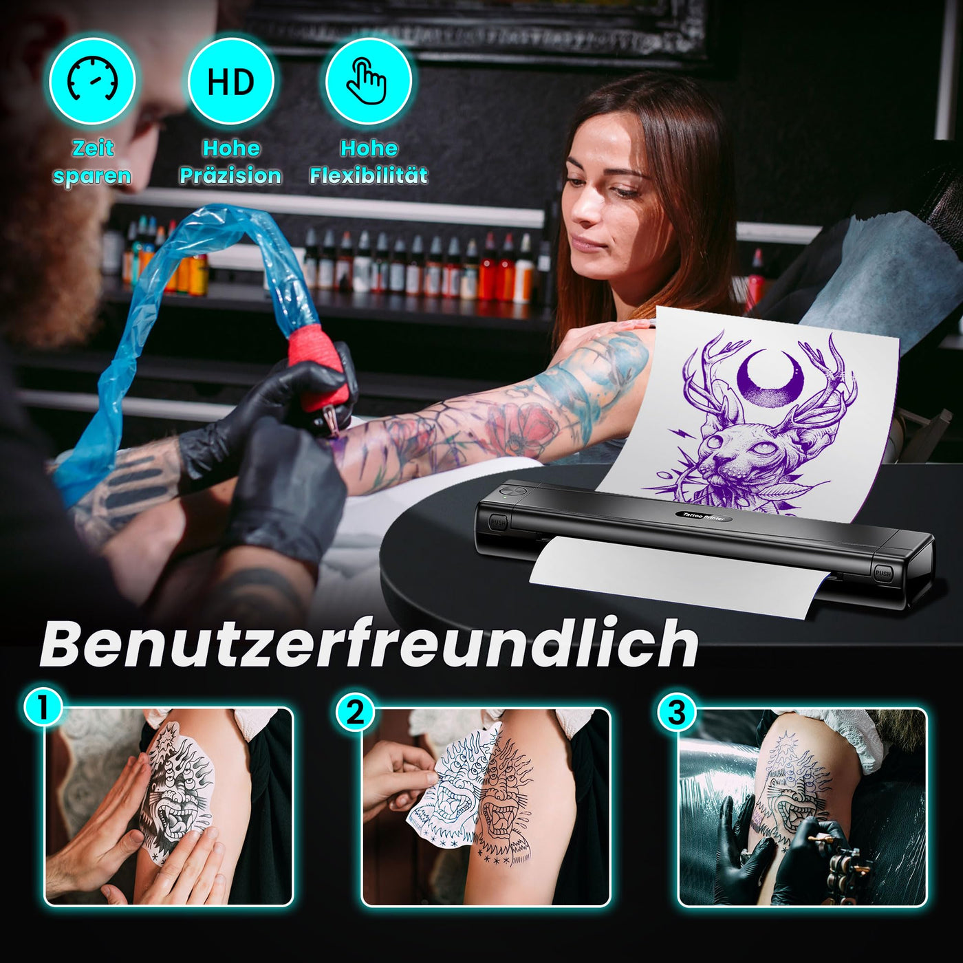 TATTMUSE Tattoo Drucker Bluetooth, Schablone Nadeldrucker mit 10 Stück Papier, Tattoo Transfer mit Smartphone PC, Stencil Drucker für Tattoo Künstler und Anfänger