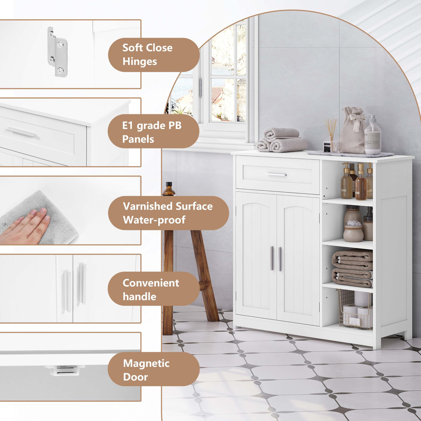 EUGAD Badezimmerschrank, Badschrank schmal, Aufbewahrungsschrank mit 1 Schublade, 2 Türen, verstellbaren Ablagen, Bad Schrank stehend, Kommode Badezimmer, 80x80,5x30 cm, Weiß