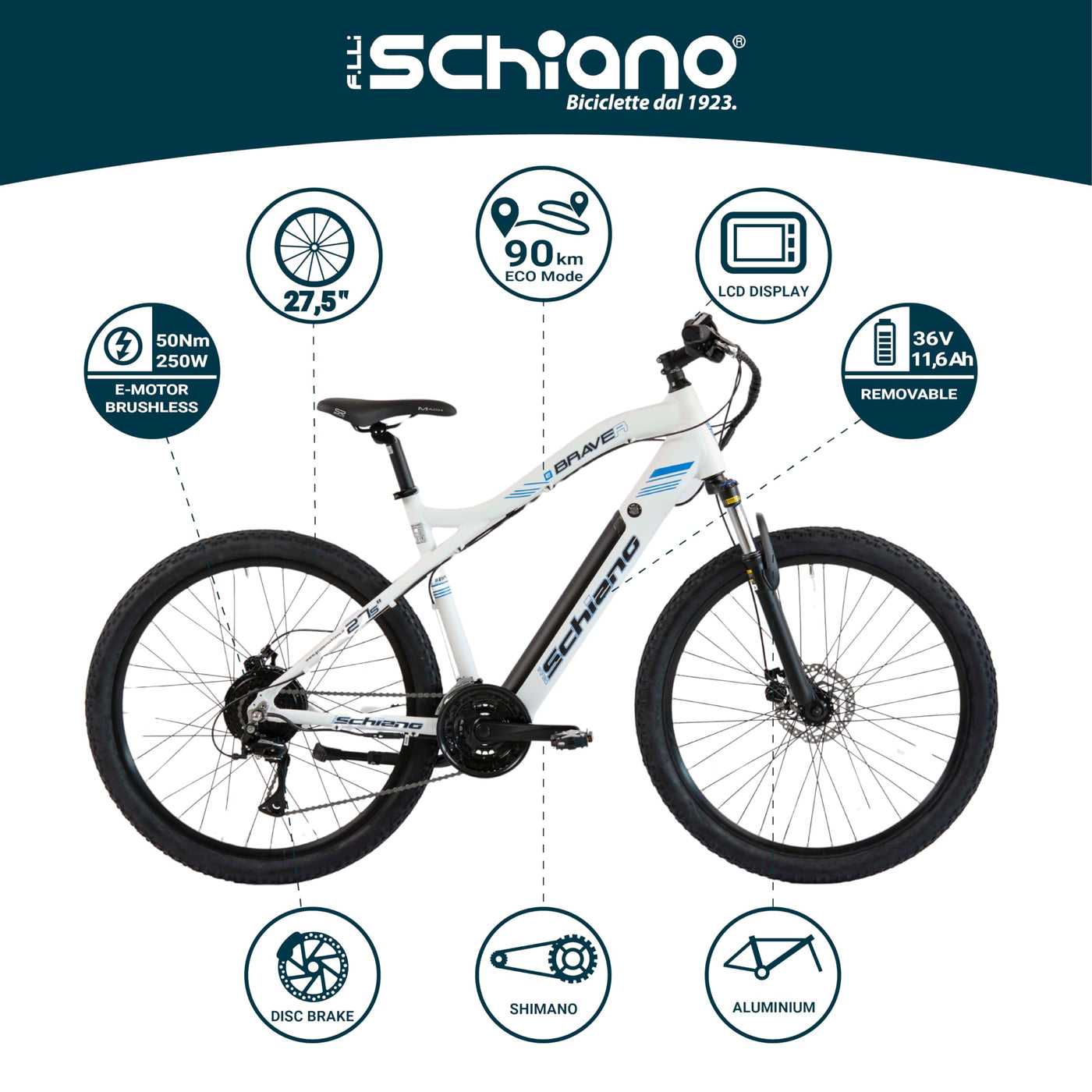 F.lli Schiano Braver 27.5 Zoll E-bike Pedelec , e bike Elektrofahrräder Mountainbike für Erwachsene Herren / Damen MTB Fahrrad mit Zubehör Batterie electric Motor Federgabel LCD Display Elektrofahrrad