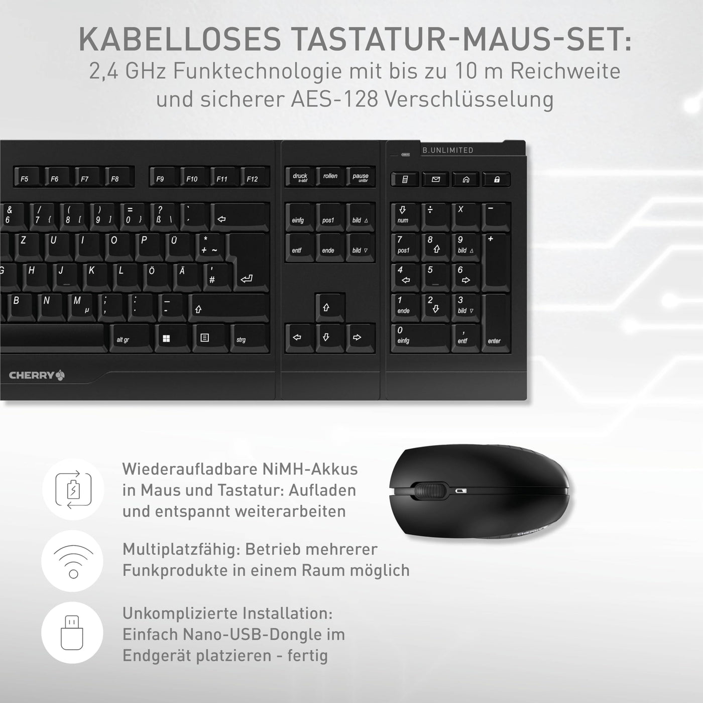 CHERRY B.UNLIMITED 3.0, Kabelloses Tastatur- und Maus-Set, UK-Layout (QWERTY), 2,4 GHz Funk, Dauerhaft Abriebfeste Tasten, Wiederaufladbar, Schwarz