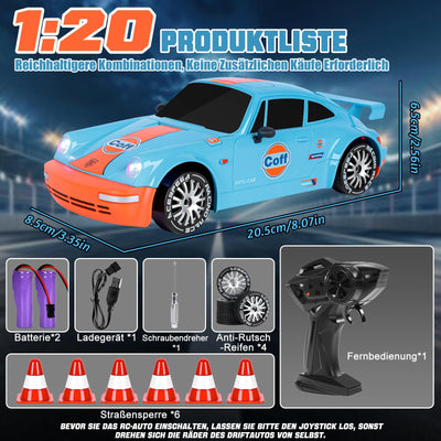 BuzzoXerex 1:20 RC Drift Car, 4WD Drift Auto Ferngesteuert, 15km/h RC Drift Auto, Mini Drift Car mit Unterbodenlicht und Straßensperren, Tabletop Drift RC Car für Kinder ab 8+ Jahre (Blau)