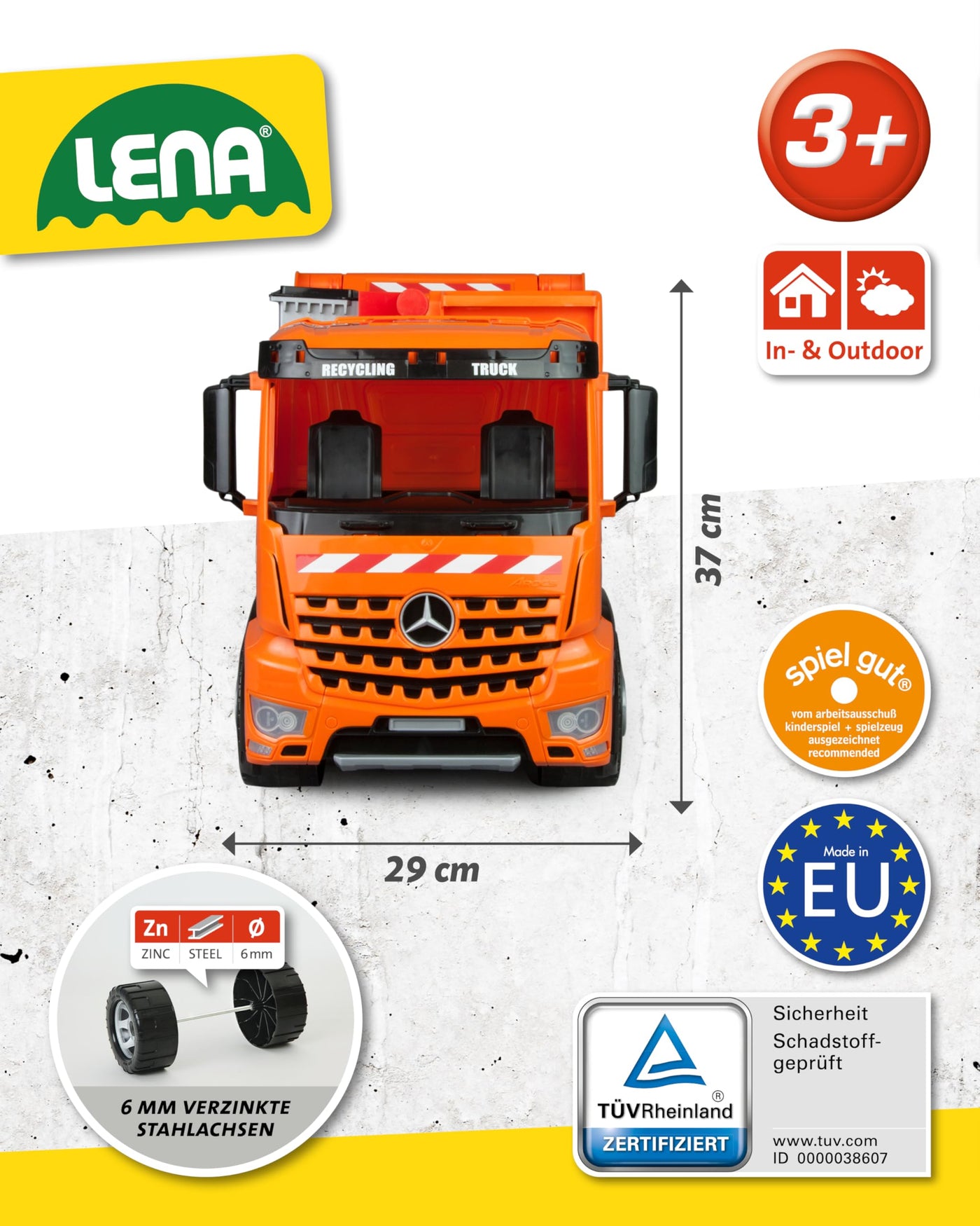 Lena 02168 - Starke Riesen Müllwagen Mercedes Benz Arocs, orange, ca. 74 cm, Müllfahrzeug mit 3 Achsen, großes Spielfahrzeug für Kinder ab 3 Jahre