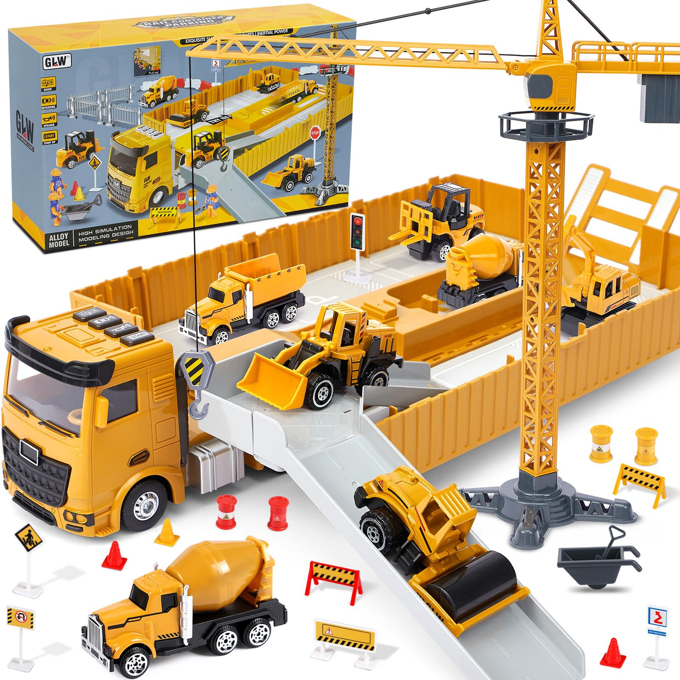 Baufahrzeuge Kinder groß LKW Fahrzeug Spielzeug Geschenke ab 2 3 4 5 Junge Geschenkideen mit Kran Bagger Dampfwalze Planierraupe Lastwagen Betonmischer Konstruktionsfahrzeuge Spielzeug Kinder Jungen