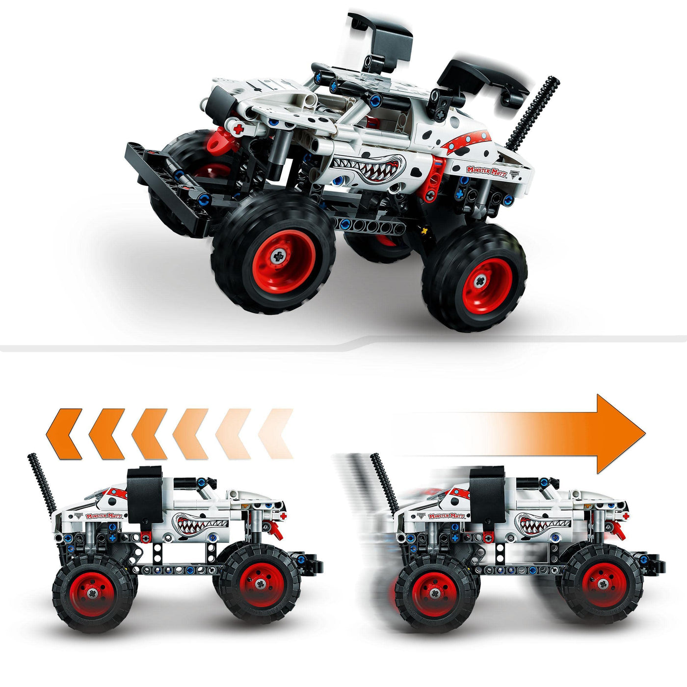 LEGO 42150 Technic Monster Jam Monster Mutt Dalmatian, Monster Truck-Spielzeug für Jungen und Mädchen, Rennspielzeug mit Rückziehmotor