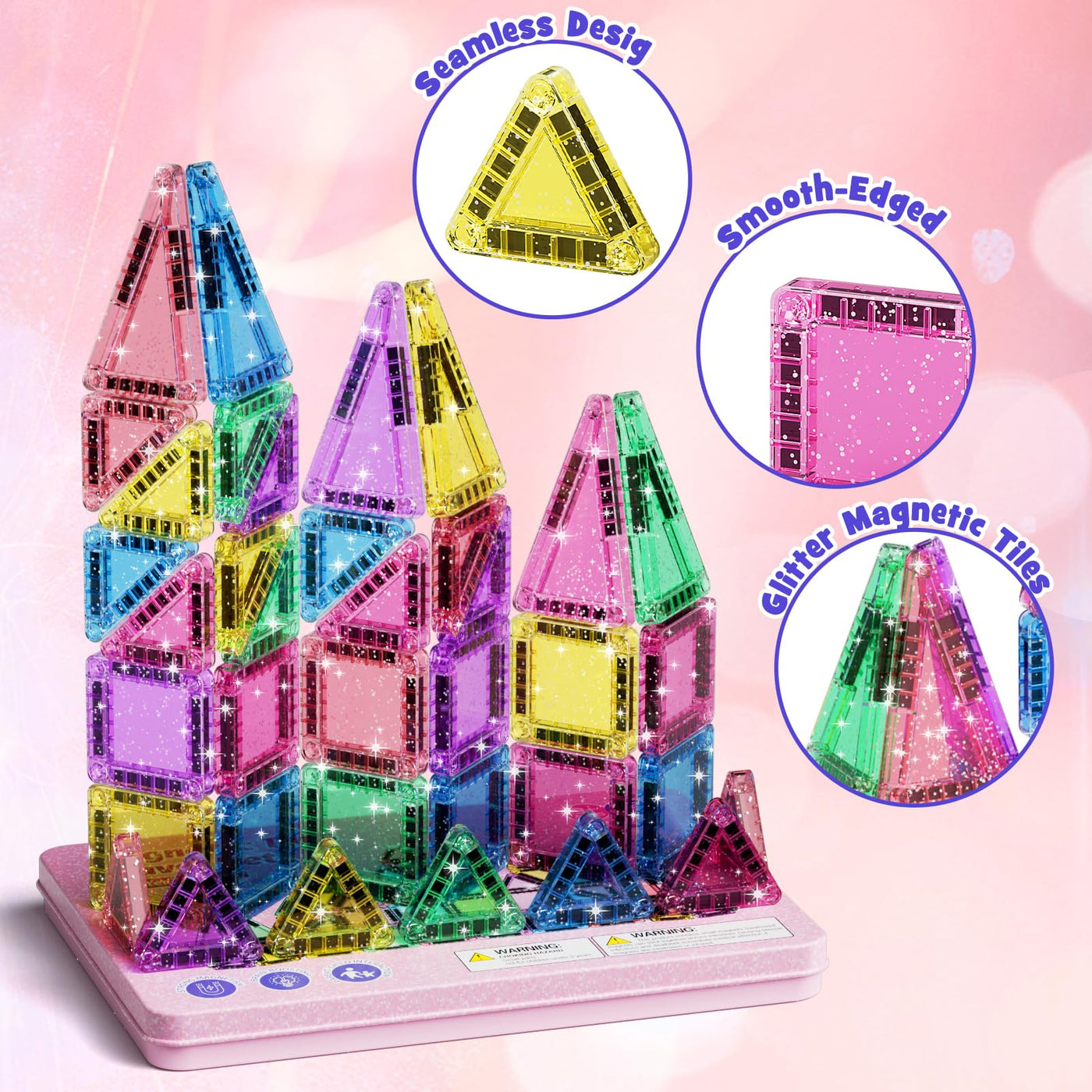 Reise Magnetische Tiles Glitzer Konstruktion Set 42pcs Reisespielzeug für Kinder MINT- Magnetische Fliesen mit Eisenkastenbasis, Magnetische Bausteine Reise Spielzeug Geschenk für 3+ Jahre Mädch