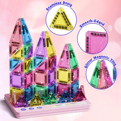 Reise Magnetische Tiles Glitzer Konstruktion Set 42pcs Reisespielzeug für Kinder MINT- Magnetische Fliesen mit Eisenkastenbasis, Magnetische Bausteine Reise Spielzeug Geschenk für 3+ Jahre Mädch