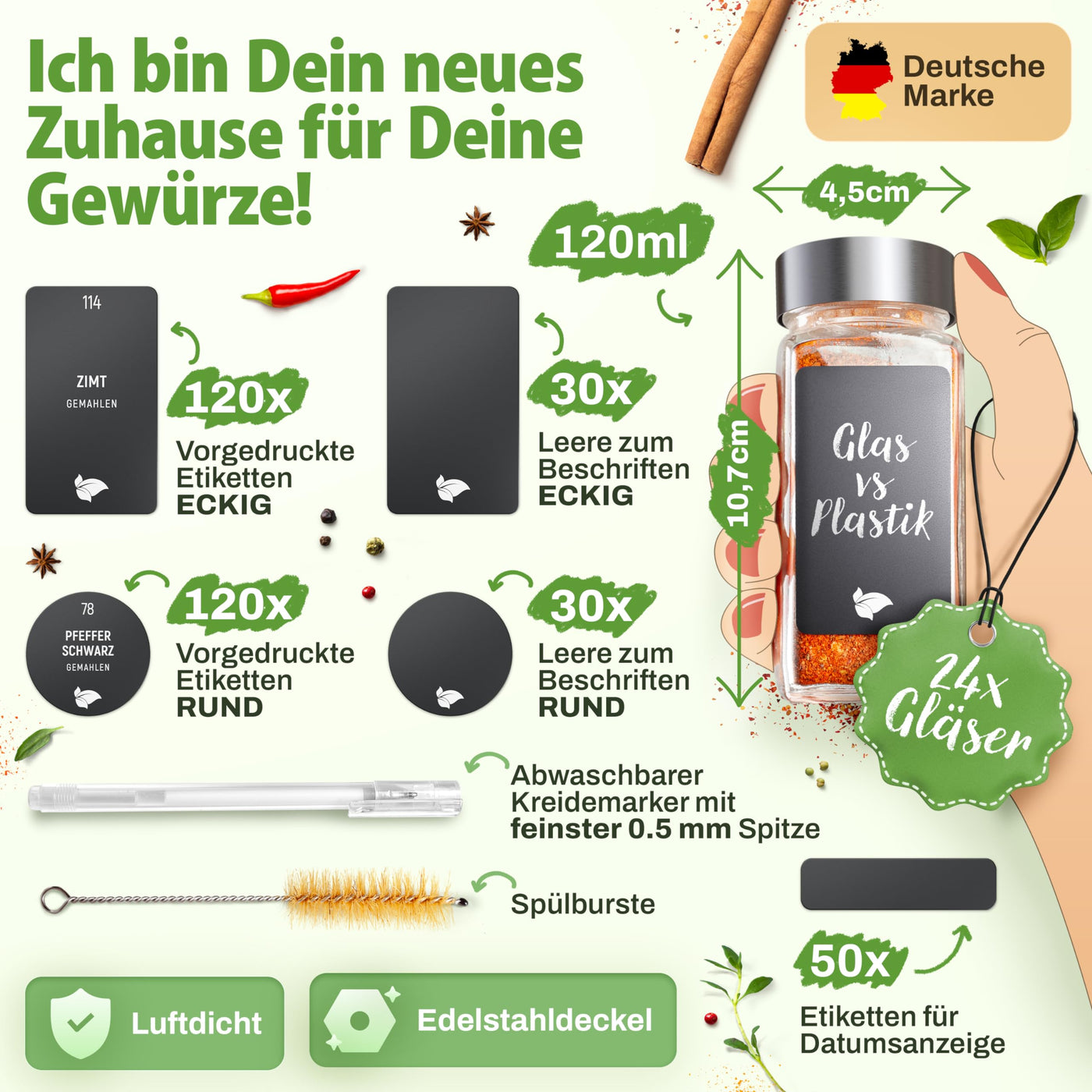 LAEVU Gewürzgläser Set Eckig | 24 Stk. 120ml - 10,7 x 4,5 cm | mit 350 Gewürzetiketten, 48 Streueinsätze, 1 Kreidestift zum Beschriften und noch mehr | 24